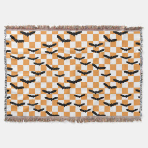 Modern Halloween Spooky Bats Orange Chequerboard Throw Blanket