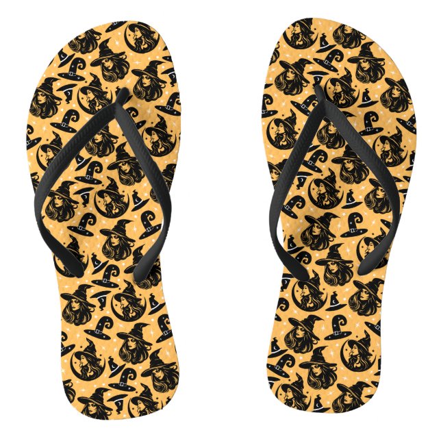 Modern Halloween Woman Witches Hat Orange Flip Flops (Footbed)