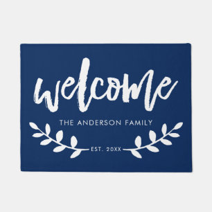 Modern Hand Brushed Font Leaf Personalised Navy Doormat