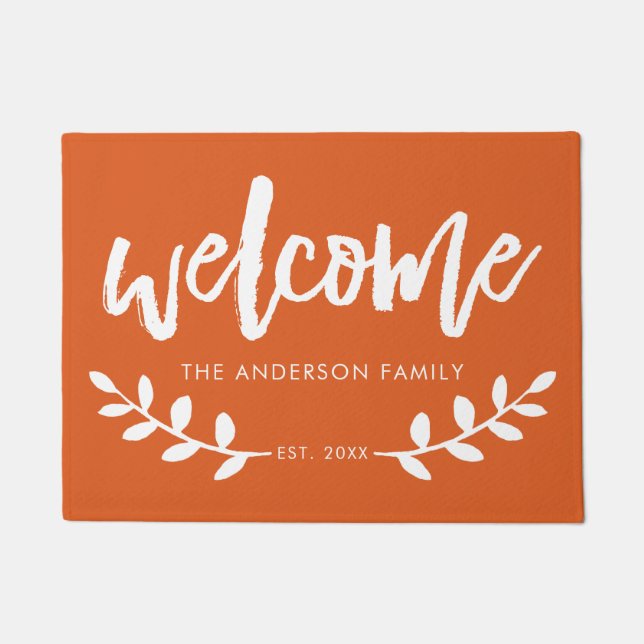 Modern Hand Brushed Font Leaf Personalised Orange Doormat (Front)