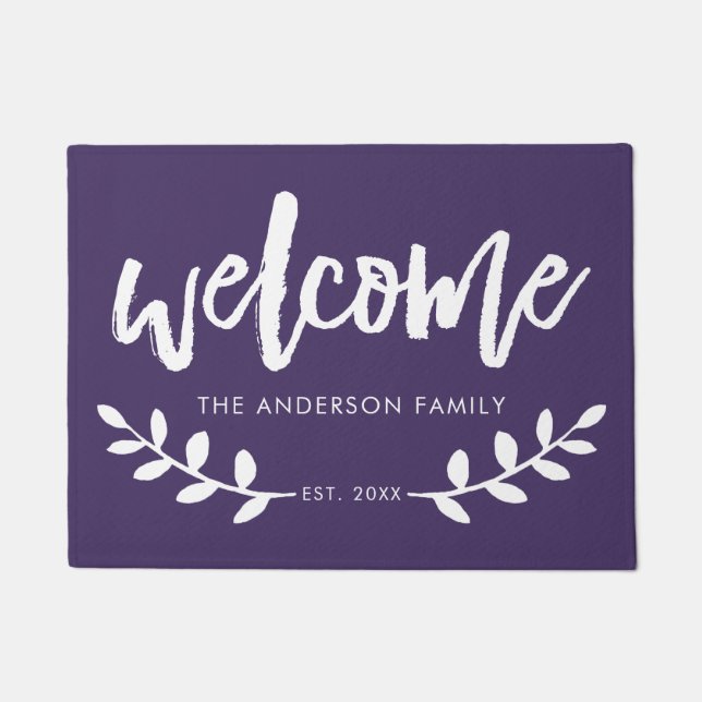 Modern Hand Brushed Font Leaf Personalised Purple Doormat (Front)