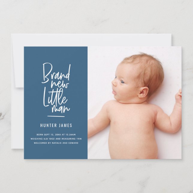Modern hand drawn baby boy birth announcement (Front)