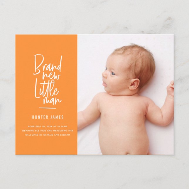 Modern hand drawn baby boy birth announcement (Front)