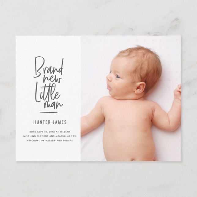 Modern hand drawn baby boy birth announcement (Front)