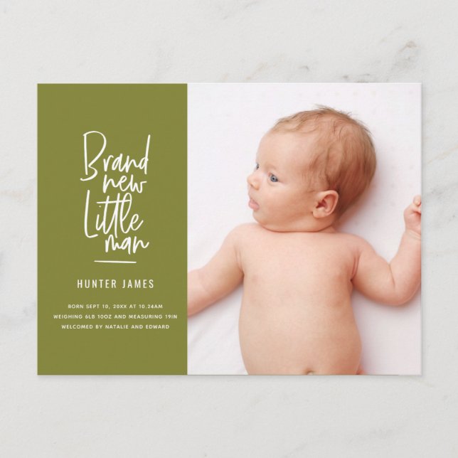 Modern hand drawn baby boy birth announcement (Front)