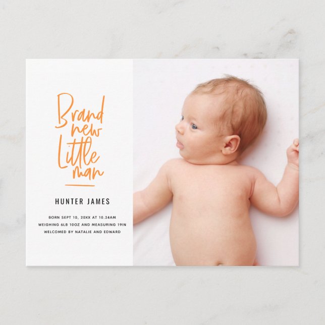 Modern hand drawn baby boy birth announcement (Front)