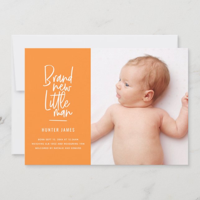 Modern hand drawn baby boy birth announcement (Front)