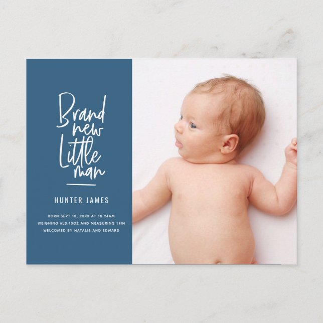 Modern hand drawn baby boy birth announcement (Front)