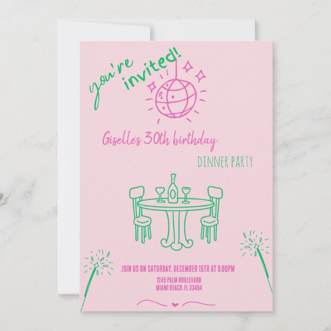 Modern Hand Drawn Birthday Dinner Party Invitation (Front)