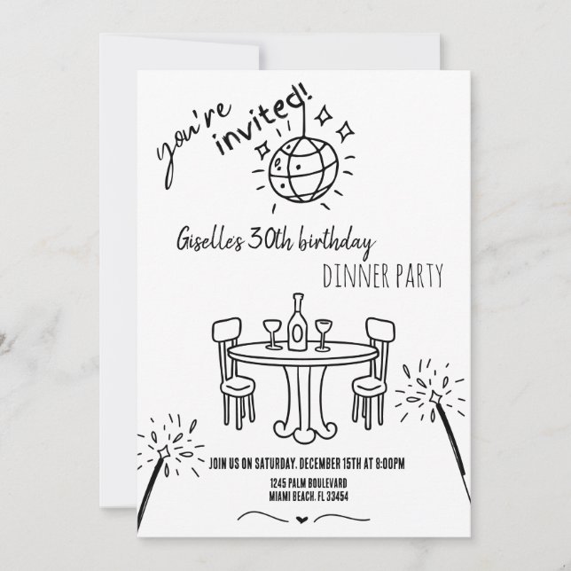 Modern Hand Drawn Birthday Dinner Party Invitation (Front)