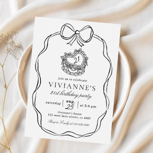 Modern Hand Drawn Black Bow Girl Birthday Invitation