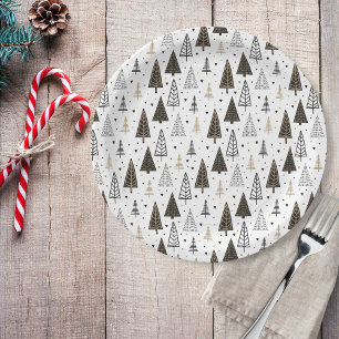 Modern Hand Drawn Black Gold Pine Trees Paper Plate
