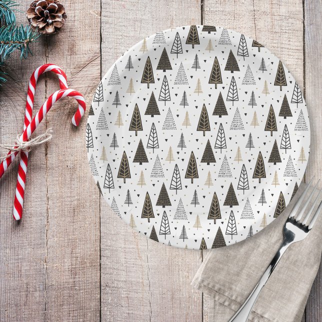 Modern Hand Drawn Black Gold Pine Trees Paper Plate (Creator Uploaded)