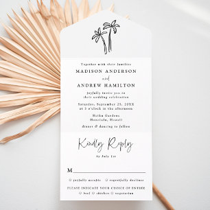 Modern Hand-Drawn Black Palm Trees Wedding All In One Invitation