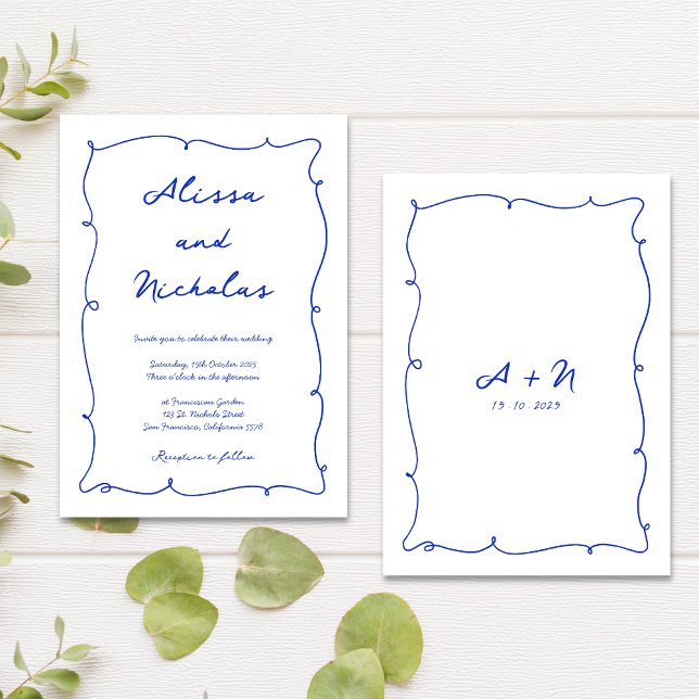 Modern Hand Drawn Blue Cursive Monogram Wedding Invitation (Creator Uploaded)