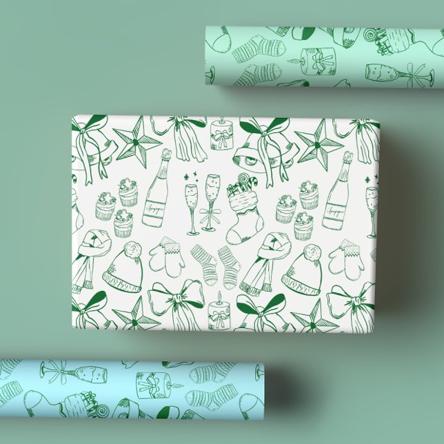 Modern Hand Drawn Blue Green Christmas Celebration Wrapping Paper Sheet (Creator Uploaded)