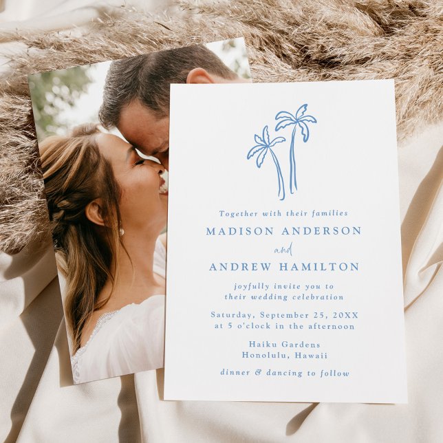 Modern Hand-Drawn Blue Palm Trees Photo Wedding Invitation (Creator Uploaded)
