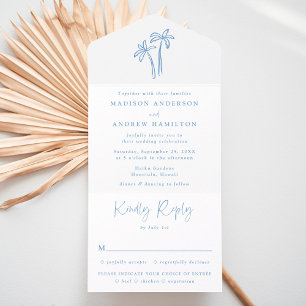 Modern Hand-Drawn Blue Palm Trees Wedding All In One Invitation