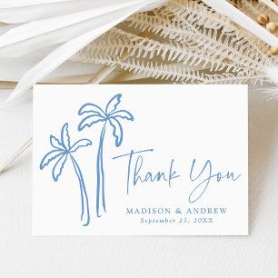 Modern Hand-Drawn Blue Palm Trees Wedding Thank You Card