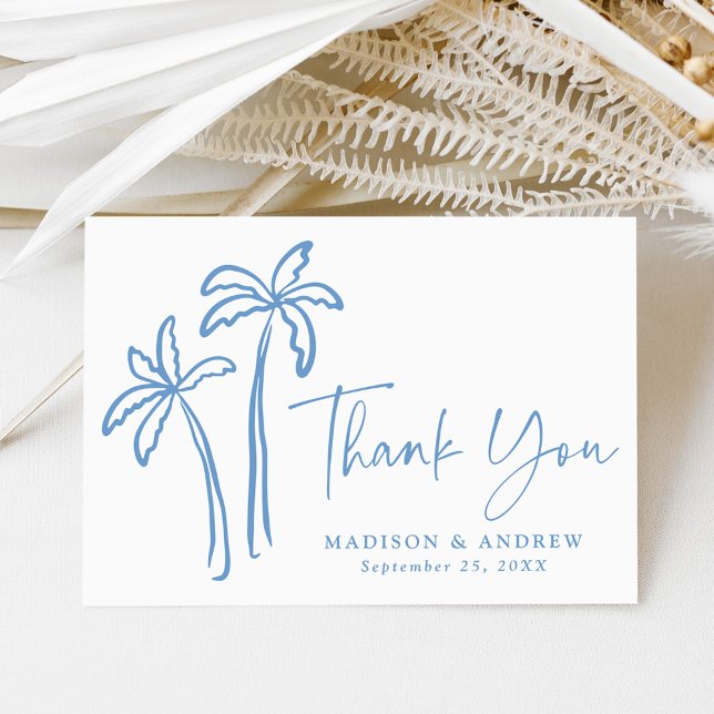 Modern Hand-Drawn Blue Palm Trees Wedding Thank You Card (Creator Uploaded)