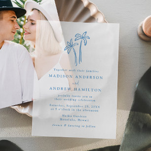 Modern Hand-Drawn Blue Palm Trees Wedding Vellum Invitations