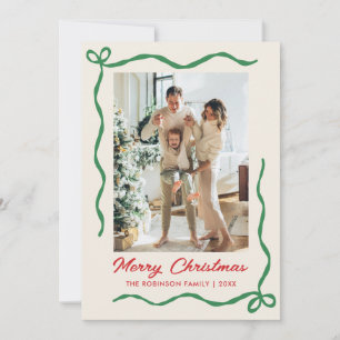 Modern Hand Drawn Bow 2 Photo Merry Christmas Holiday Card