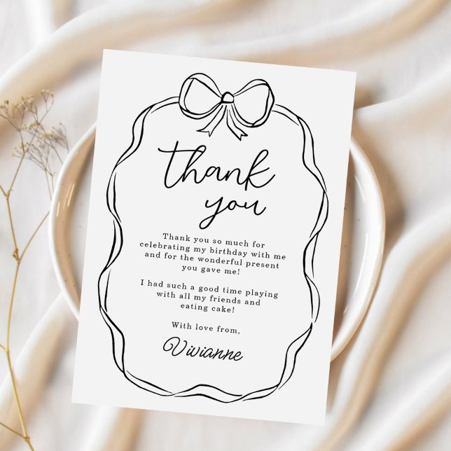 Modern Hand Drawn Bow Black Girl Birthday Thank You Card (Creator Uploaded)