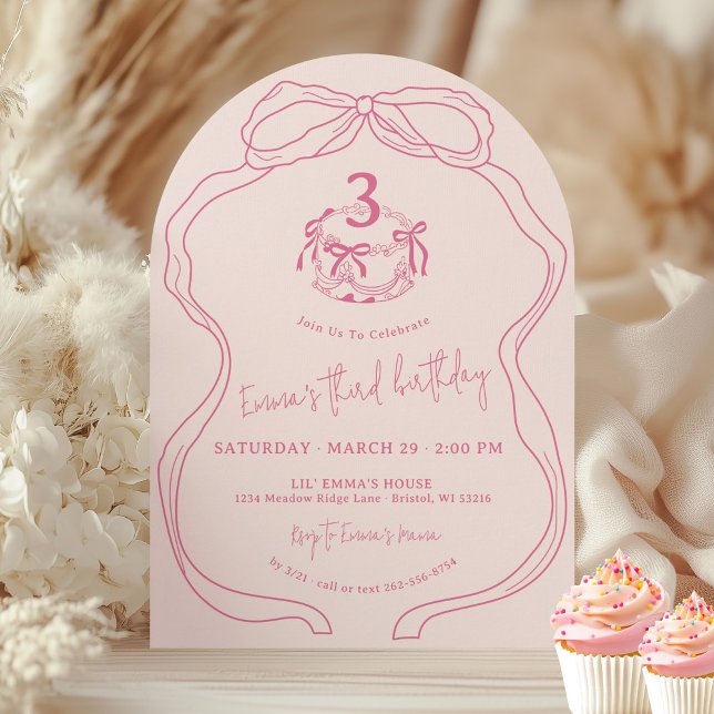Modern Hand Drawn Bow Pink Girl Birthday Arch  Invitation (Sweet girly modern hand drawn coquette pink bow cake girl 3rd birthday party arch invitation)
