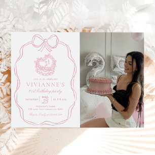 Modern Hand Drawn Bow Pink Girl Birthday Photo Invitation