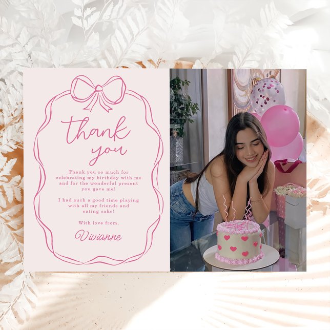 Modern Hand Drawn Bow Pink Girl Birthday Photo Thank You Card (Creator Uploaded)