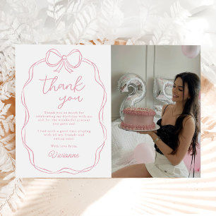 Modern Hand Drawn Bow Pink Girl Birthday Photo Thank You Card