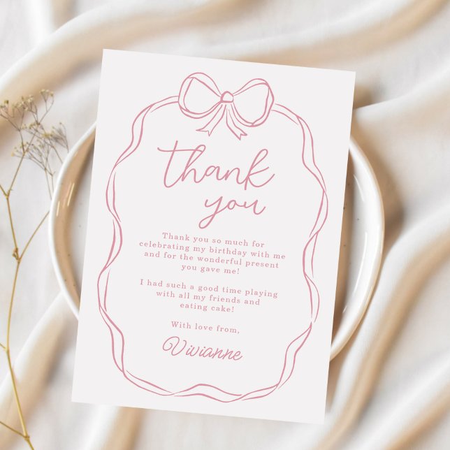 Modern Hand Drawn Bow Pink Girl Birthday Thank You Card (Creator Uploaded)