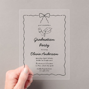 Modern Hand-Drawn Bow & Squiggle Graduation Party Acrylic Invitations