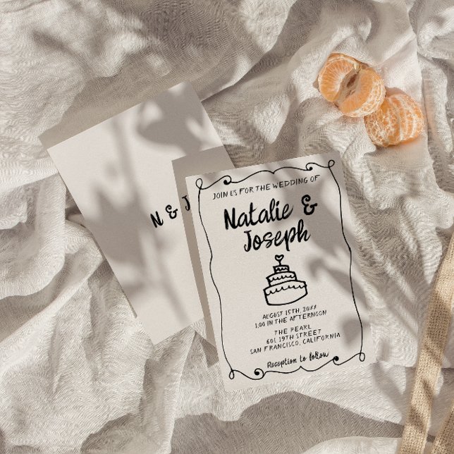 Modern Hand Drawn Cake Retro Frame Unique Wedding Invitation (Creator Uploaded)