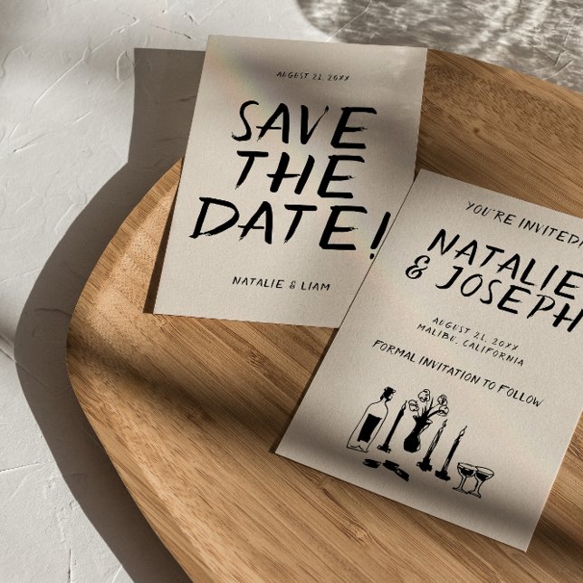 Modern Hand Drawn Champagne Retro Quirky Wedding  Save The Date (Creator Uploaded)