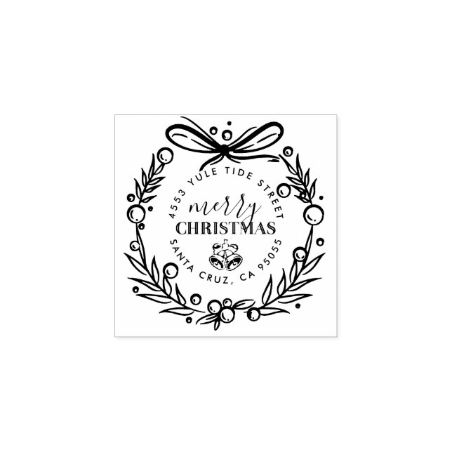 Modern Hand Drawn Christmas Wreath Return Address Rubber Stamp (Imprint)