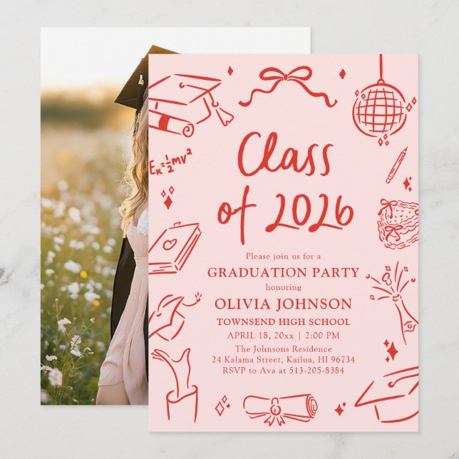 Modern Hand Drawn Class of 2026 Graduation Party Invitation (Front/Back)