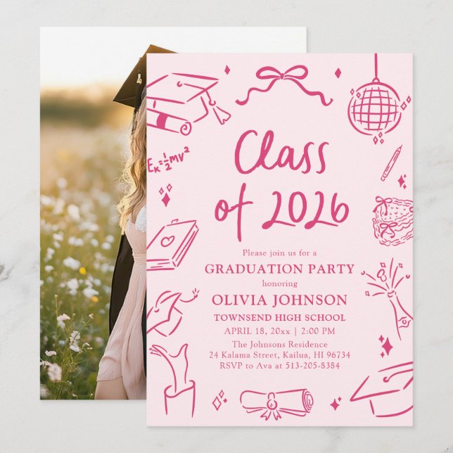 Modern Hand Drawn Class of 2026 Graduation Party Invitation (Front/Back)