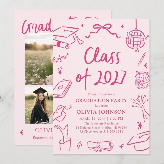 Modern Hand Drawn Class of 2027 Graduation Party Invitation (Front/Back)