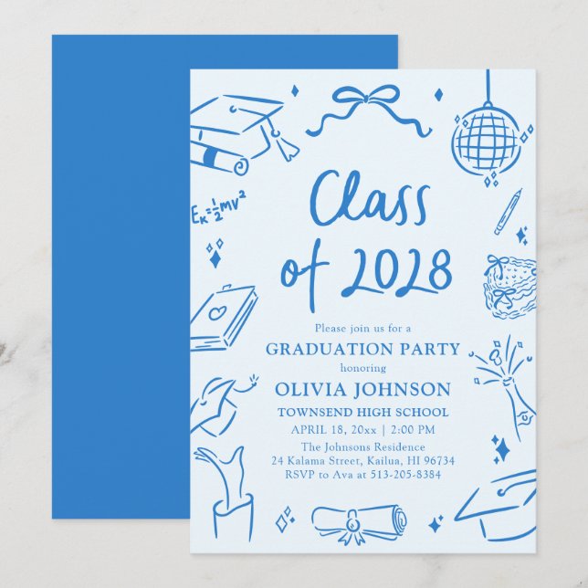 Modern Hand Drawn Class of 2028 Graduation Party Invitation (Front/Back)