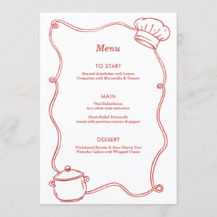 Modern Hand Drawn Cooking Chef Red Birthday Menu