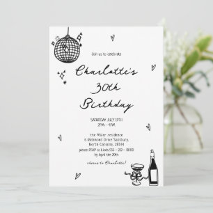 Modern Hand Drawn disco ball 30th Birthday Invitation
