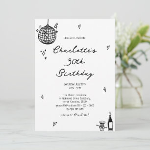 Modern Hand Drawn disco ball 30th Birthday  Invitation