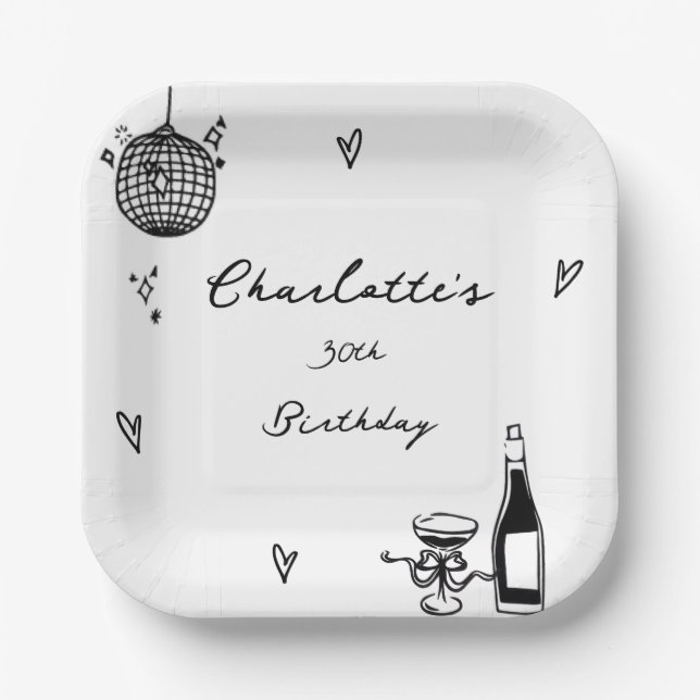 Modern Hand Drawn disco ball 30th Birthday Paper Plate (Front)