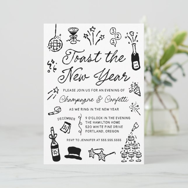 Modern Hand Drawn Doodle New Year’s Eve Party Invitation (Standing Front)