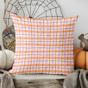 Modern Hand Drawn Fall Orange and Purple Plaid Cushion