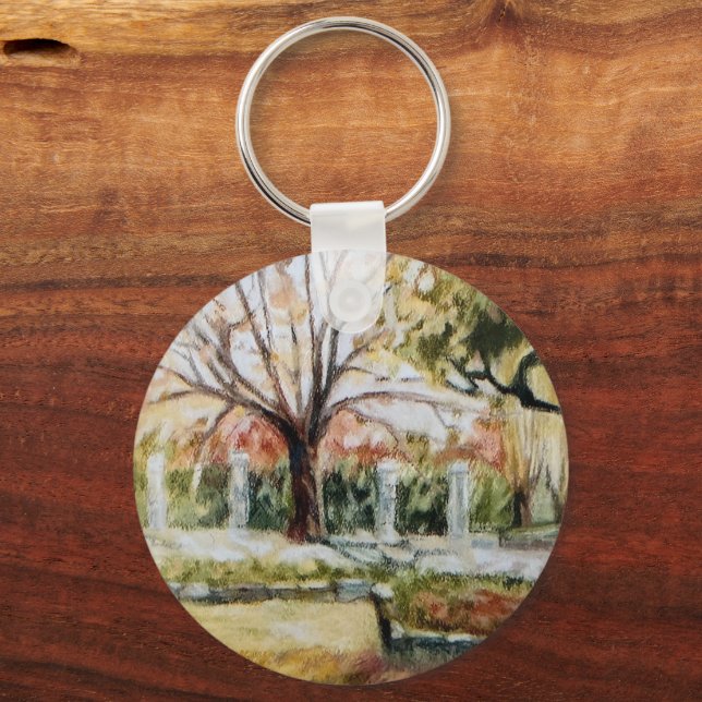 Modern hand-drawn fall park nature tree and grass key ring (Front)