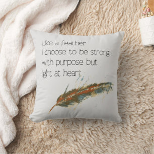 Modern Hand-drawn Feather with Strength Quote Cushion