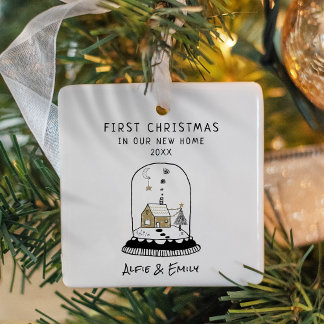 Modern Hand-Drawn First Christmas in New Home Ceramic Ornament