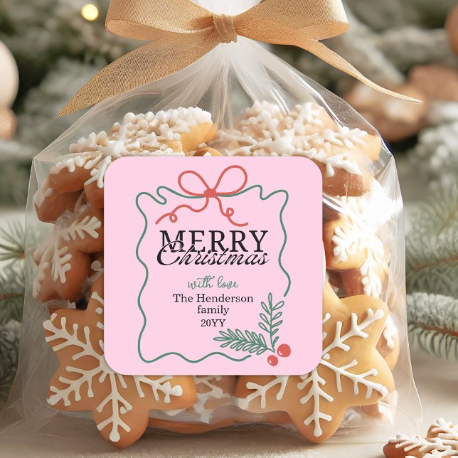 Modern Hand-drawn frame pink Merry Christmas  Square Sticker (Creator Uploaded)